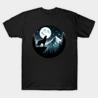 Dog in the mountains howling at a full moon T-Shirt